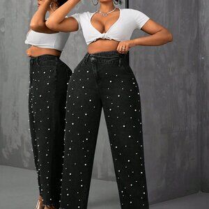 Black Casual Women's Plus Size Faux Pearl Studded High Waist Skinny Jeans